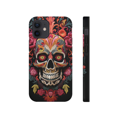 Embroidery Style Sugar Skulls Goth Dark Academia Tough Case iPhone, Edgy Cover, iPhone 14 Plus 13 12 7 8 Se Trendy Halloween Retro Vibe