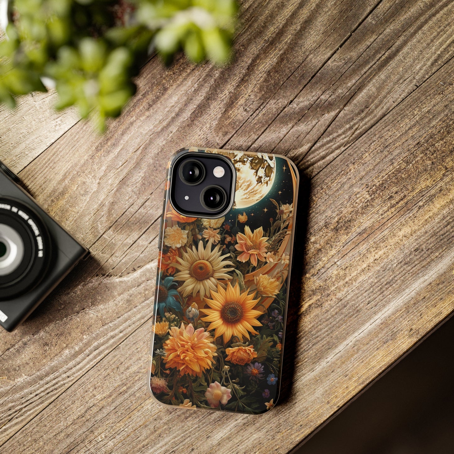 Celestial Charm: iPhone Case with Boho Cottagecore Fusion of Floral, Sun, Moon & Stars