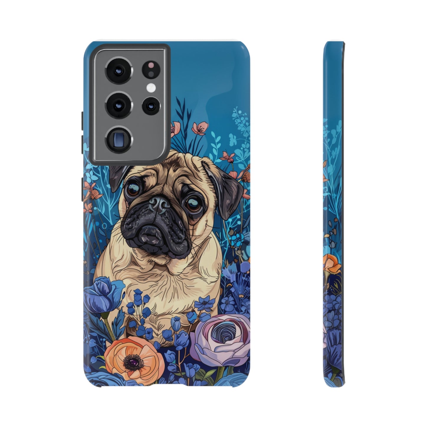 Cute Pug Dog Blue Floral Design Phone Case