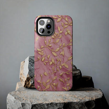 iPhone 14 Case Alluring Elegance: Pink & Gold Leaf Tough iPhone Case