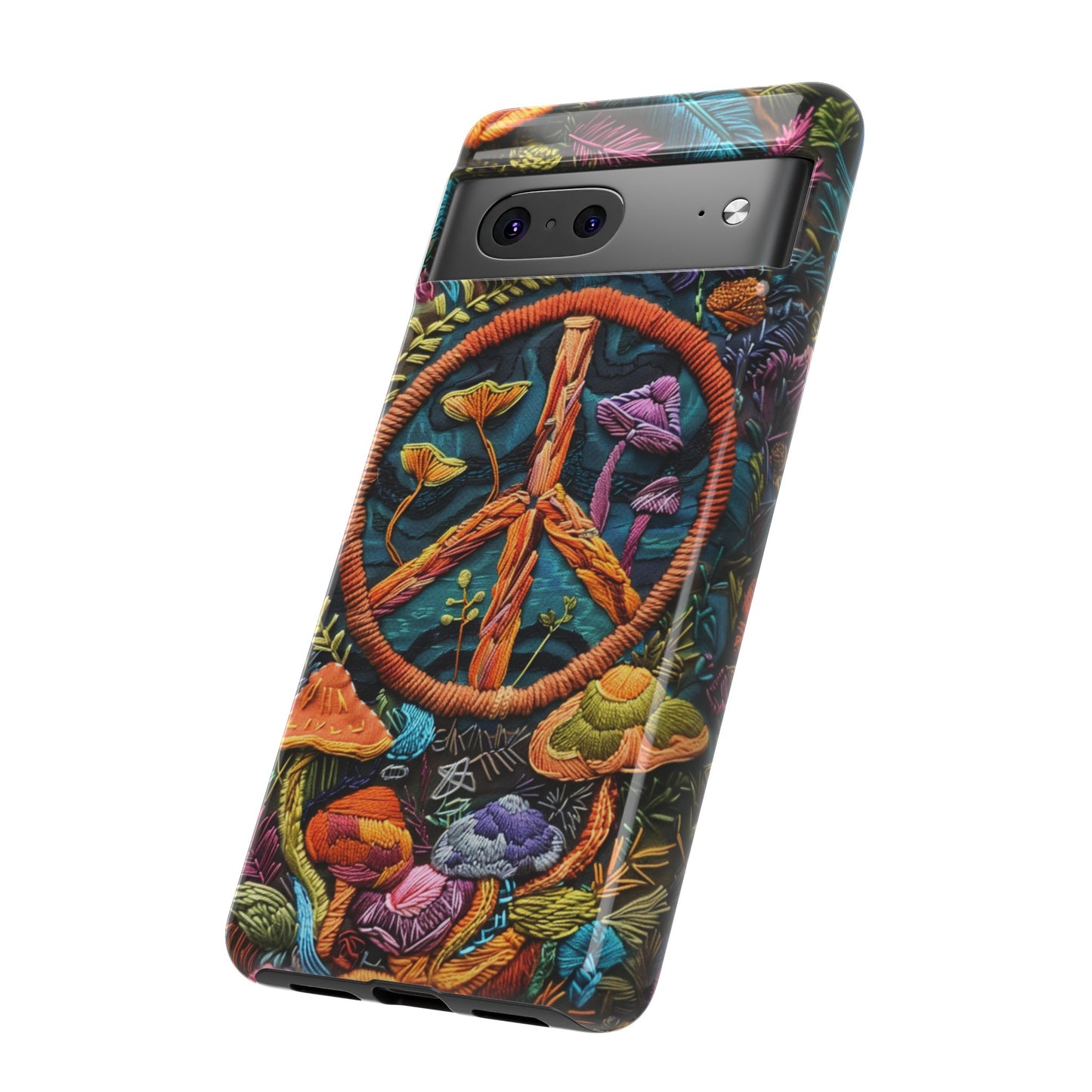 Embroidery Style Magic Mushrooms and Peace Sign Phone Case