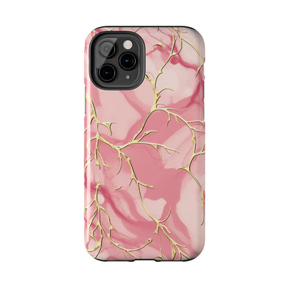 iPhone Elegance Unveiled: Pink & Gold Leaf Marble | Premium Tough iPhone Case