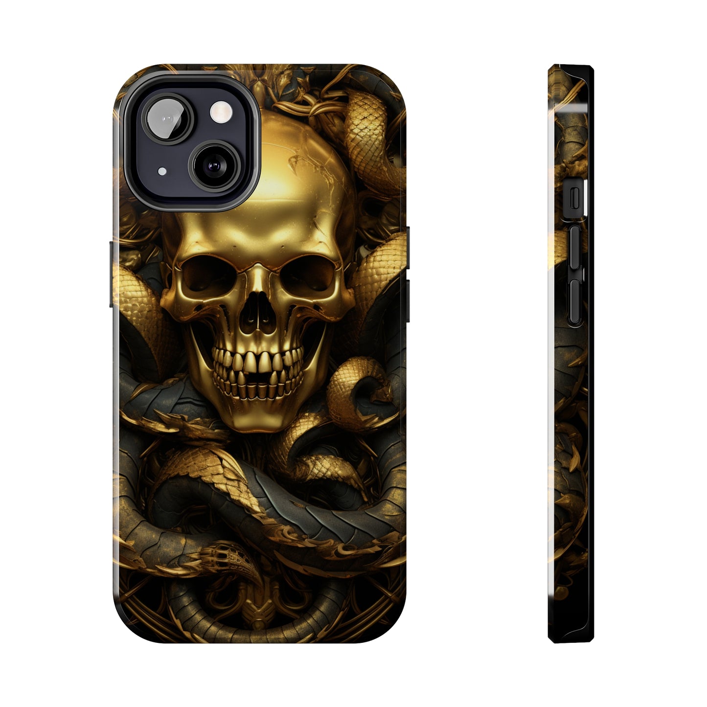 iPhone 14 Case Dark Elegance: Gold Skulls and Snakes Tough iPhone Case | An Edgy Goth Delight