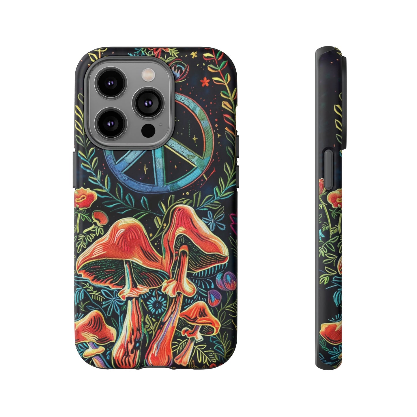 Embroidery Style Magic Mushrooms and Peace Sign Phone Case