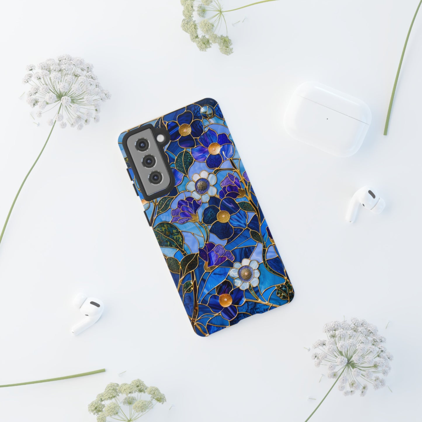 Blue Floral Stained Glass Gold Inlay Wild Flowers Phone Case