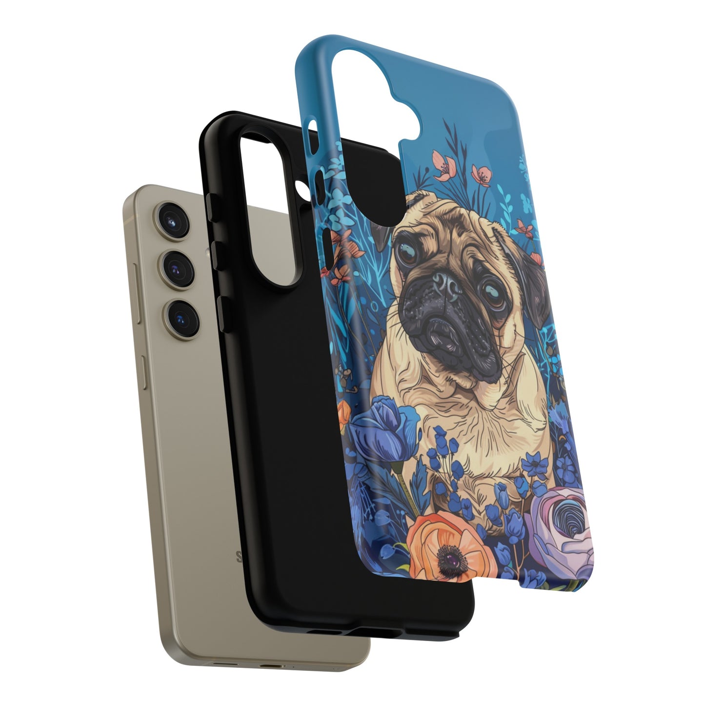 Cute Pug Dog Blue Floral Design Phone Case