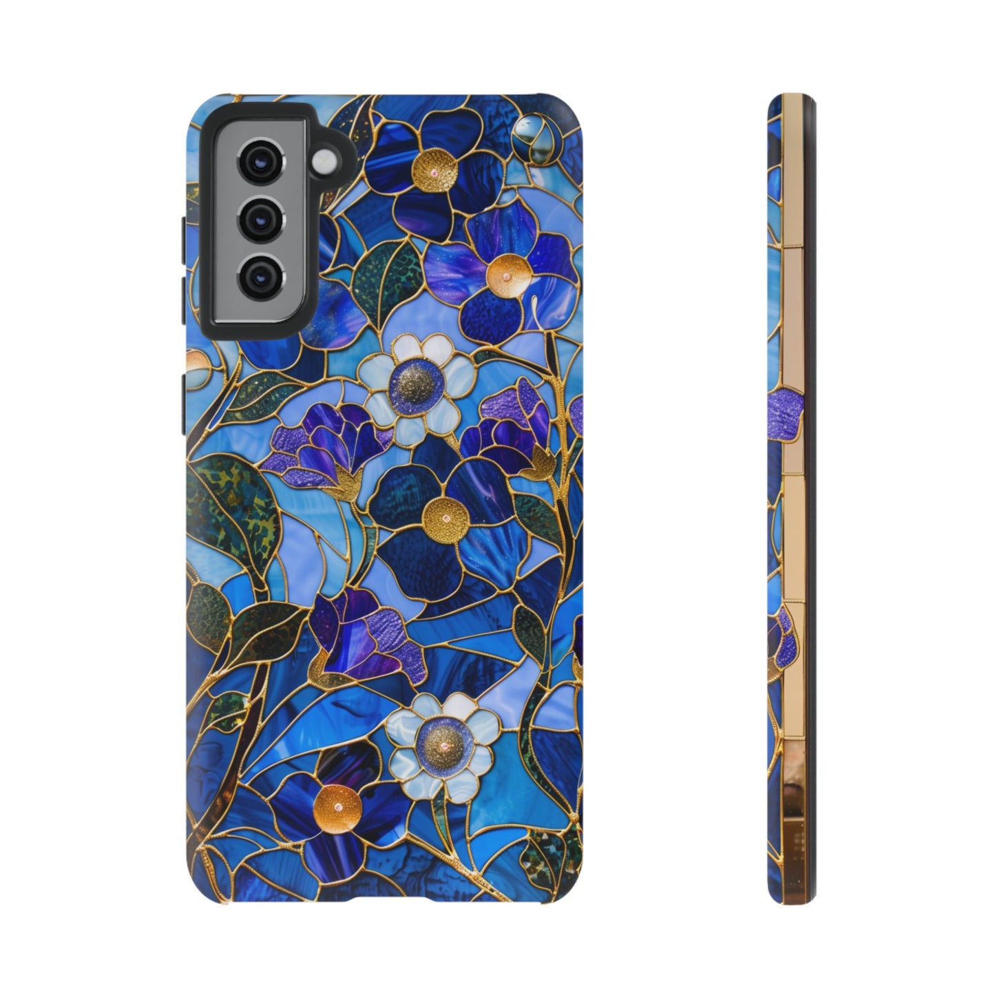 Blue Floral Stained Glass Gold Inlay Wild Flowers Phone Case