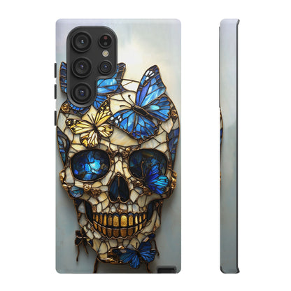 Gold and Blue Stained Glass Skull and Butterflies Phone Cover