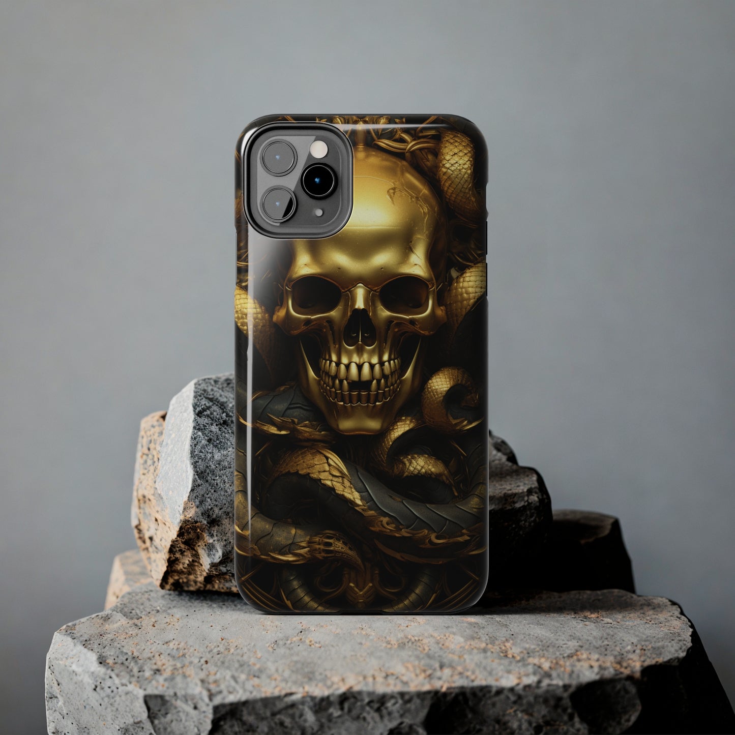 iPhone 14 Case Dark Elegance: Gold Skulls and Snakes Tough iPhone Case | An Edgy Goth Delight