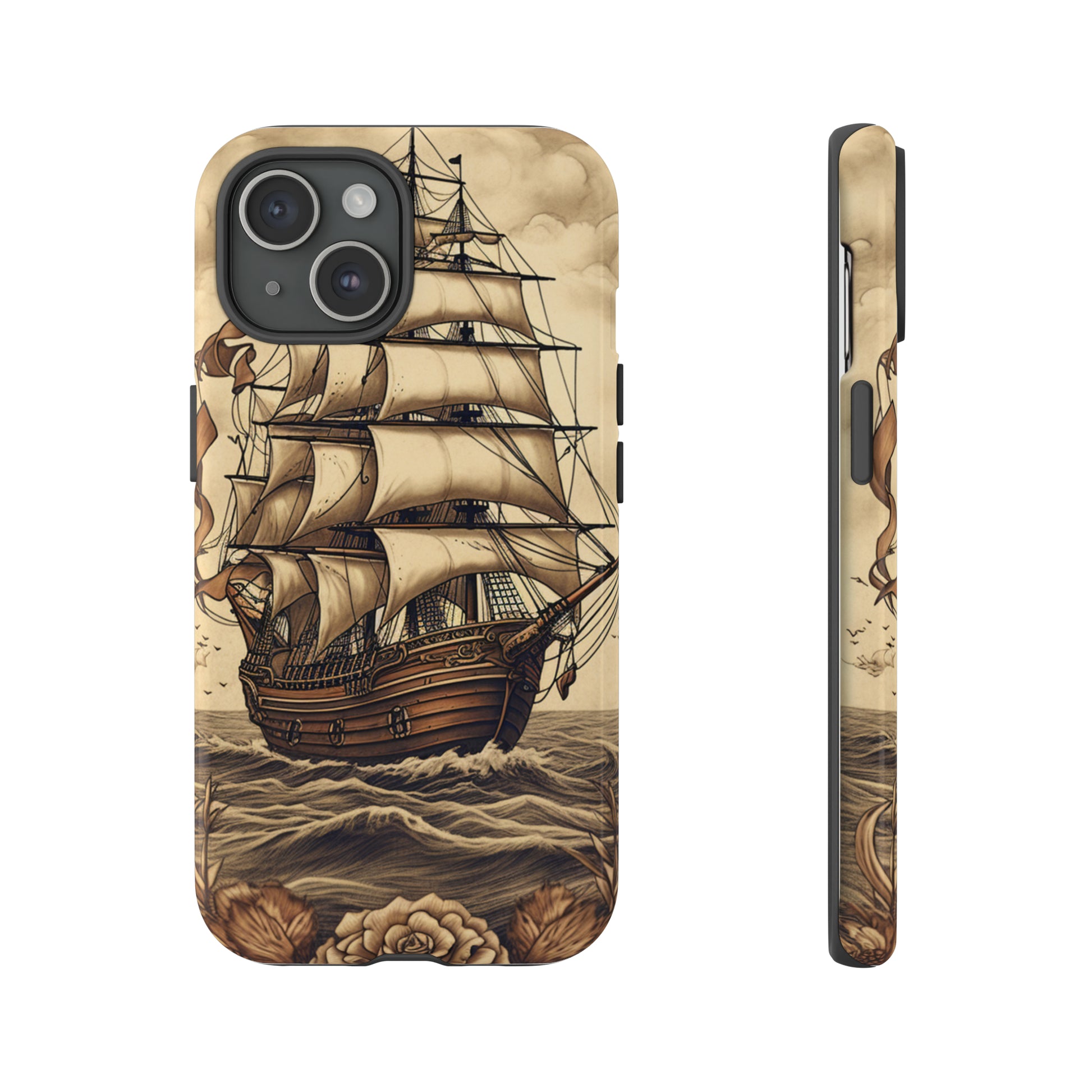 Vintage tattoo-style pirate ship phone case for iPhone 15