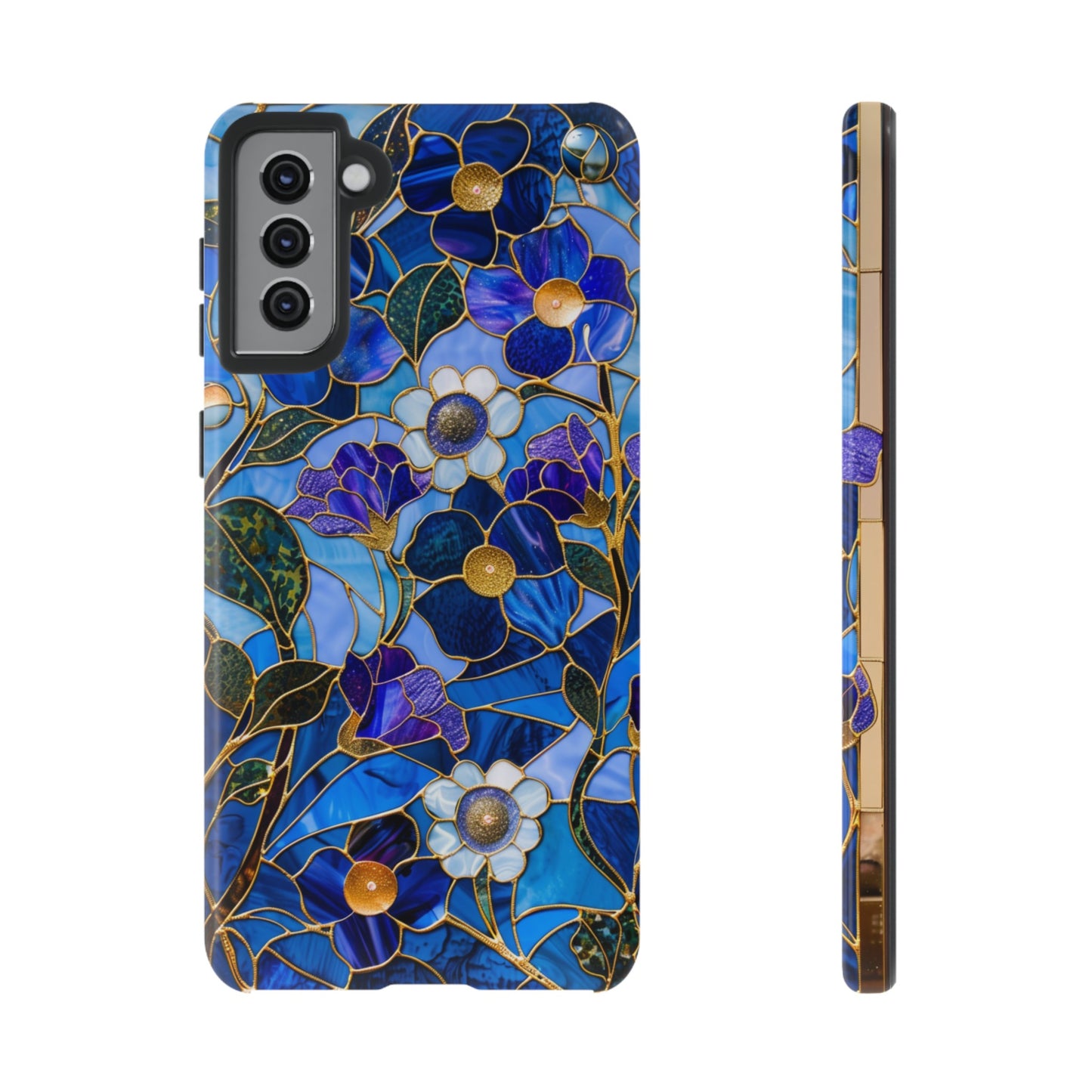 Blue Floral Stained Glass Gold Inlay Wild Flowers Phone Case