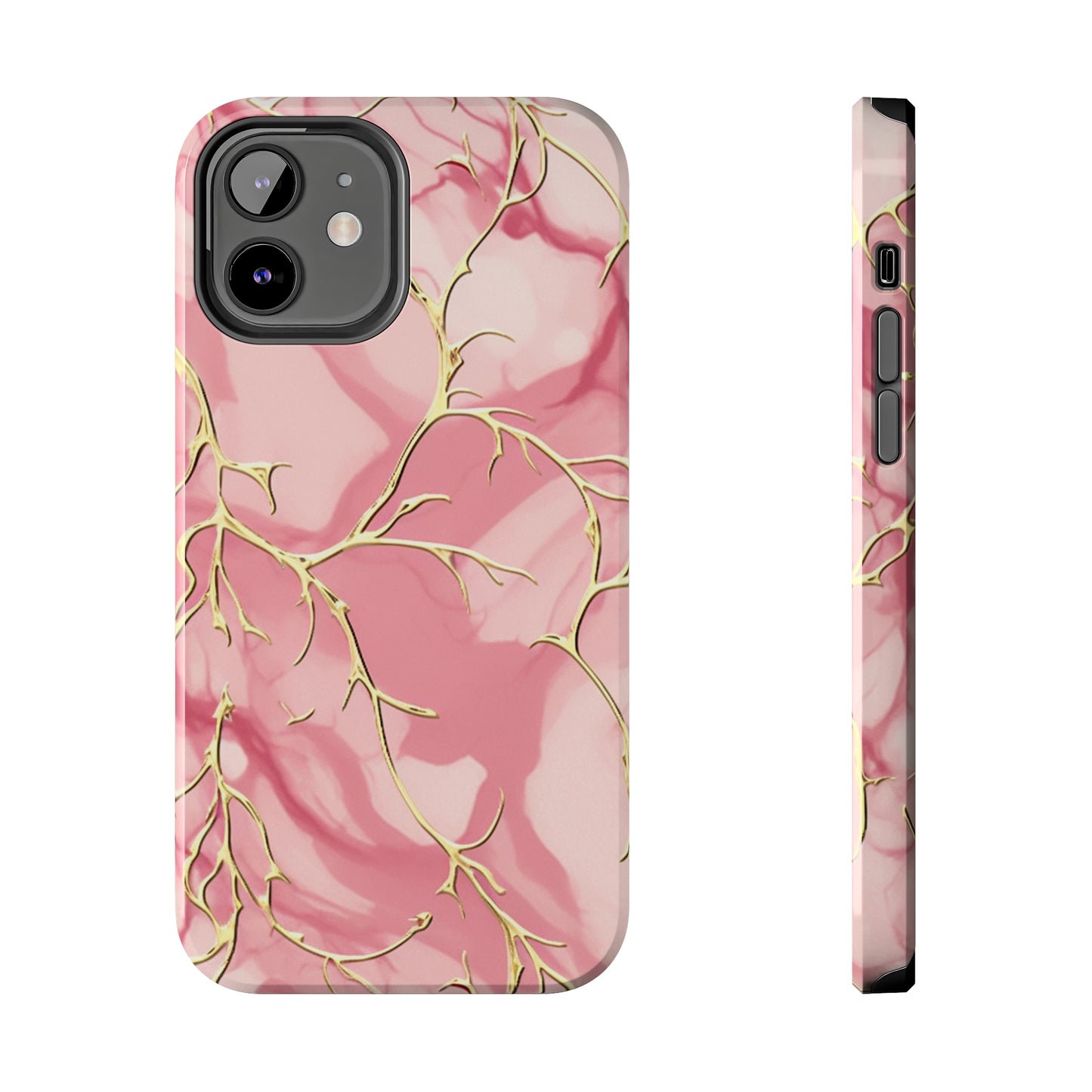 iPhone Elegance Unveiled: Pink & Gold Leaf Marble | Premium Tough iPhone Case