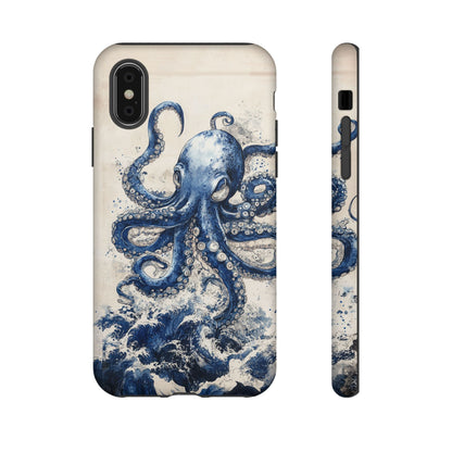 Vintage Japanese Art Style Blue Octopus and Waves Phone Cover