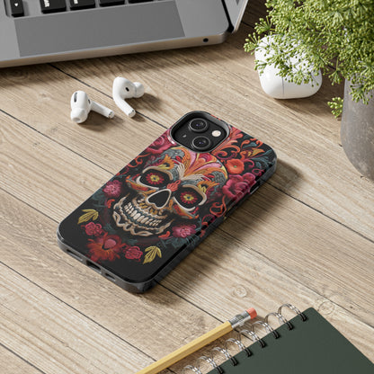 Embroidery Style Sugar Skulls Goth Dark Academia Tough Case iPhone, Edgy Cover, iPhone 14 Plus 13 12 7 8 Se Trendy Halloween Retro Vibe