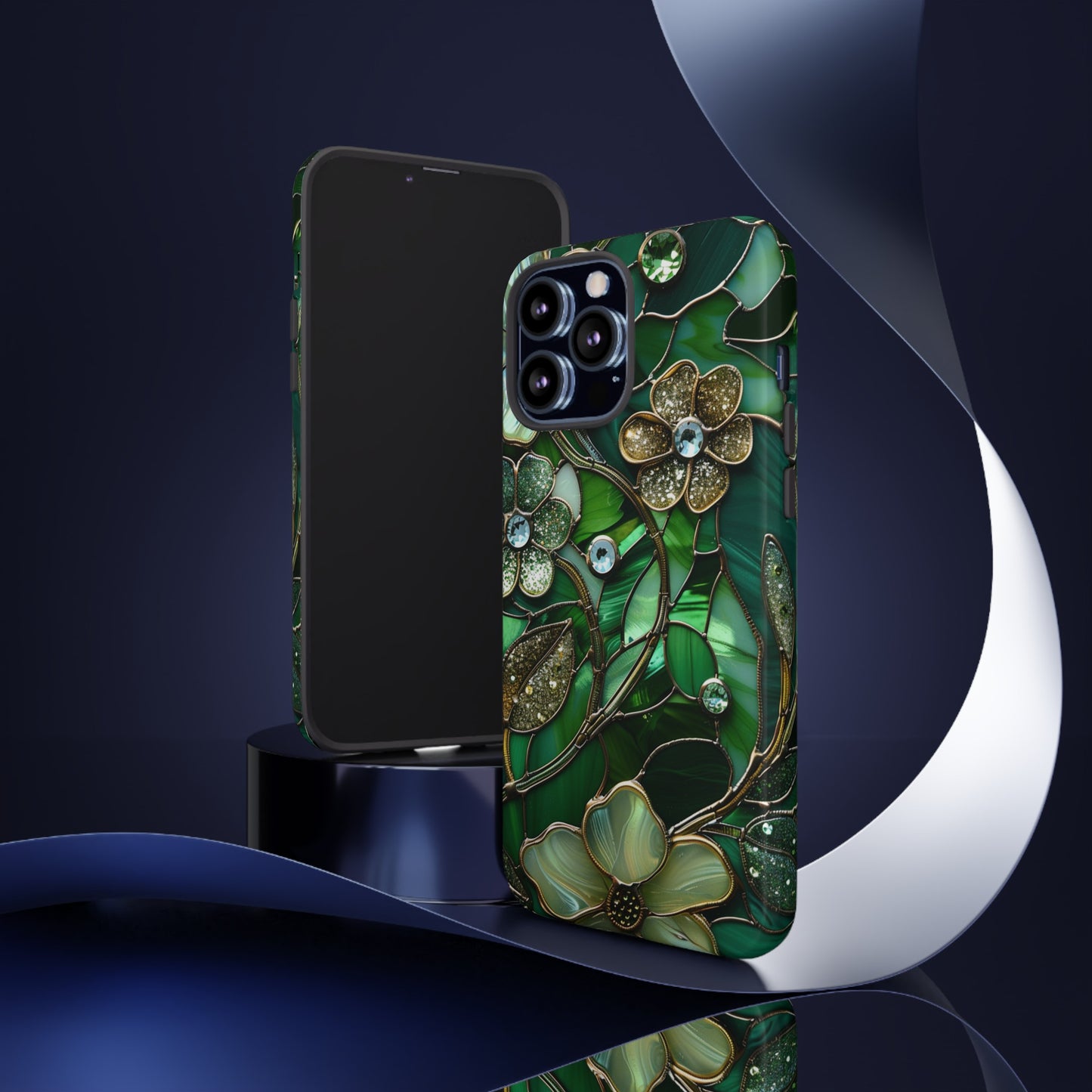 Green Floral Explosion Diamond and Gold Inlay Phone Case