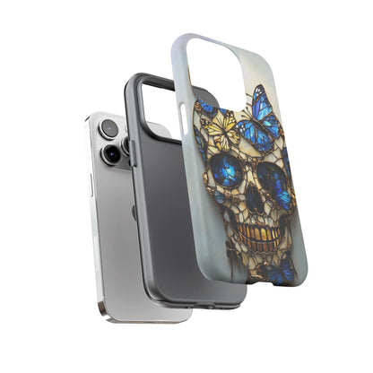 Gold and Blue Stained Glass Skull and Butterflies Phone Cover