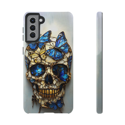 Gold and Blue Stained Glass Skull and Butterflies Phone Cover