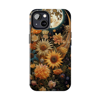 Celestial Charm: iPhone Case with Boho Cottagecore Fusion of Floral, Sun, Moon & Stars