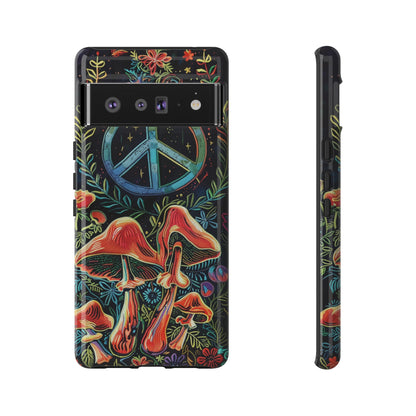 Embroidery Style Magic Mushrooms and Peace Sign Phone Case