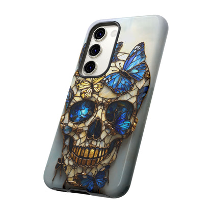 Gold and Blue Stained Glass Skull and Butterflies Phone Cover