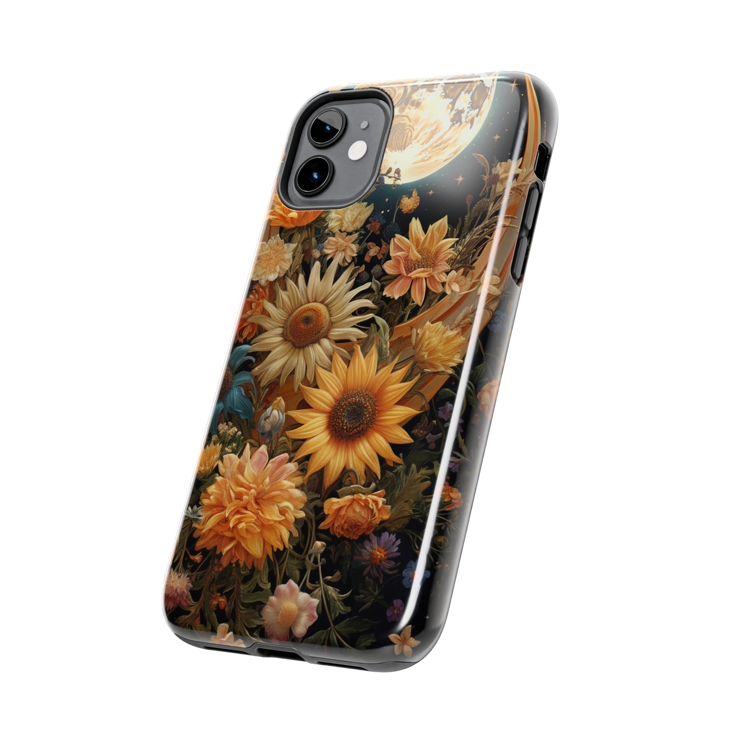 Celestial Charm: iPhone Case with Boho Cottagecore Fusion of Floral, Sun, Moon & Stars