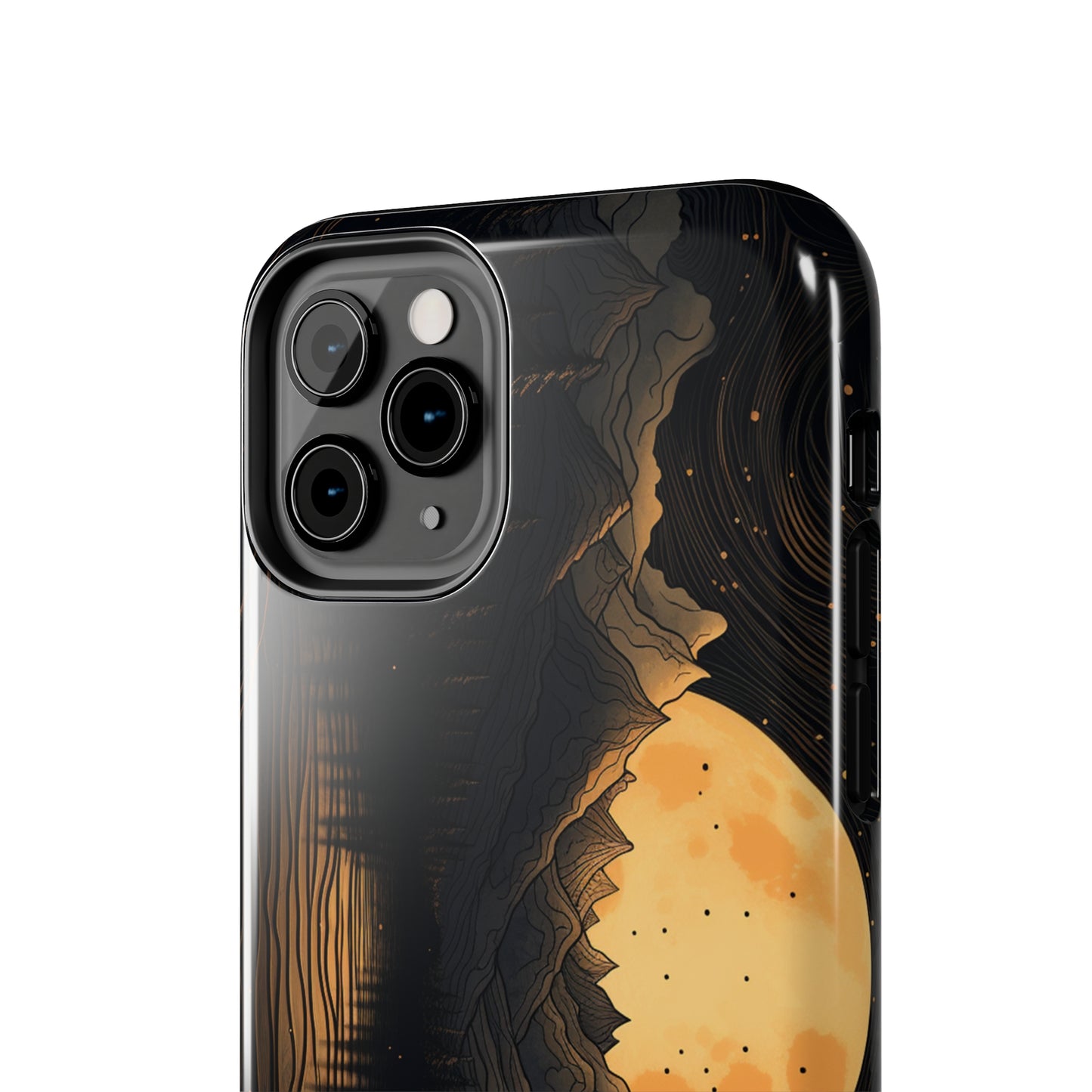 Abstract Landscape Black and Gold Mountains iPhone Case | Embrace the Mystical Full Moon