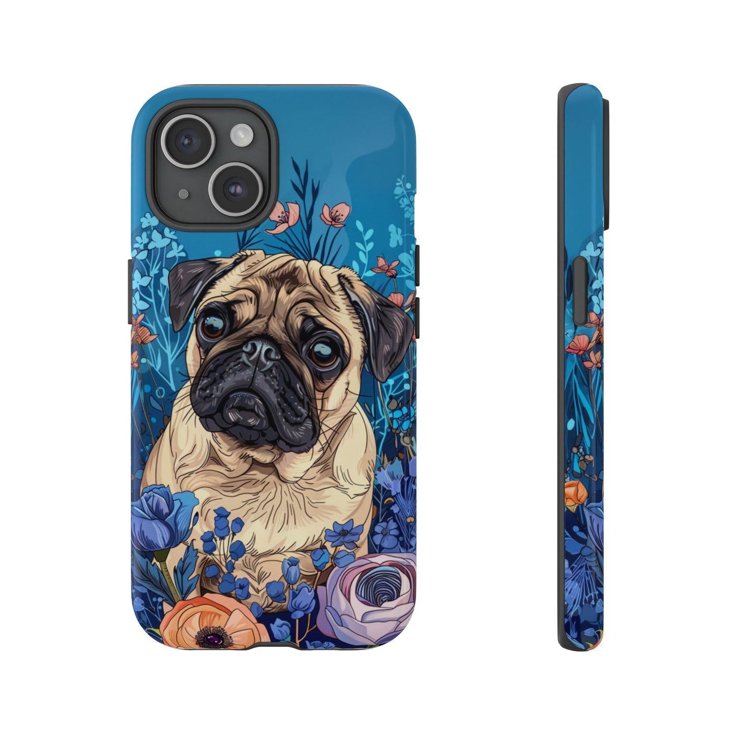 Cute Pug Dog Blue Floral Design Phone Case