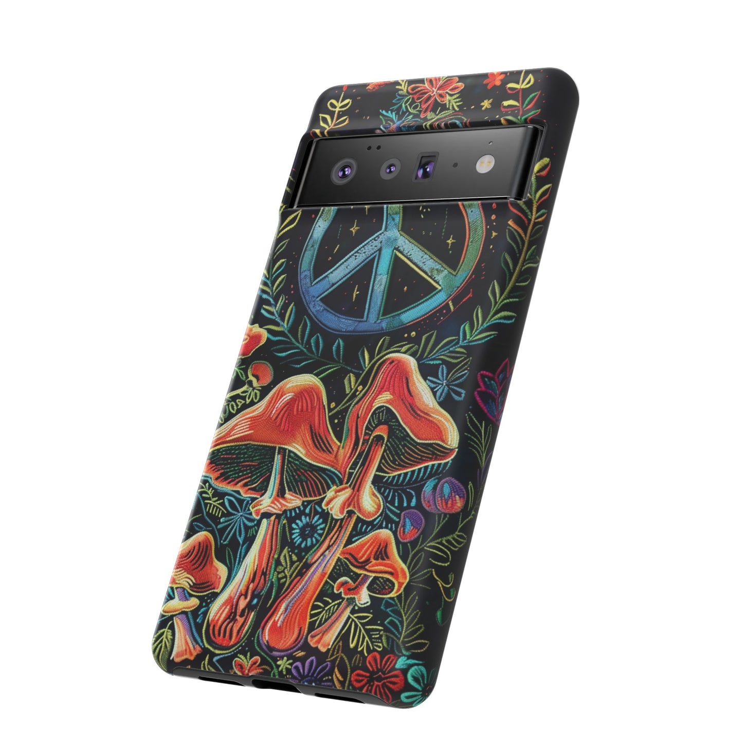 Embroidery Style Magic Mushrooms and Peace Sign Phone Case