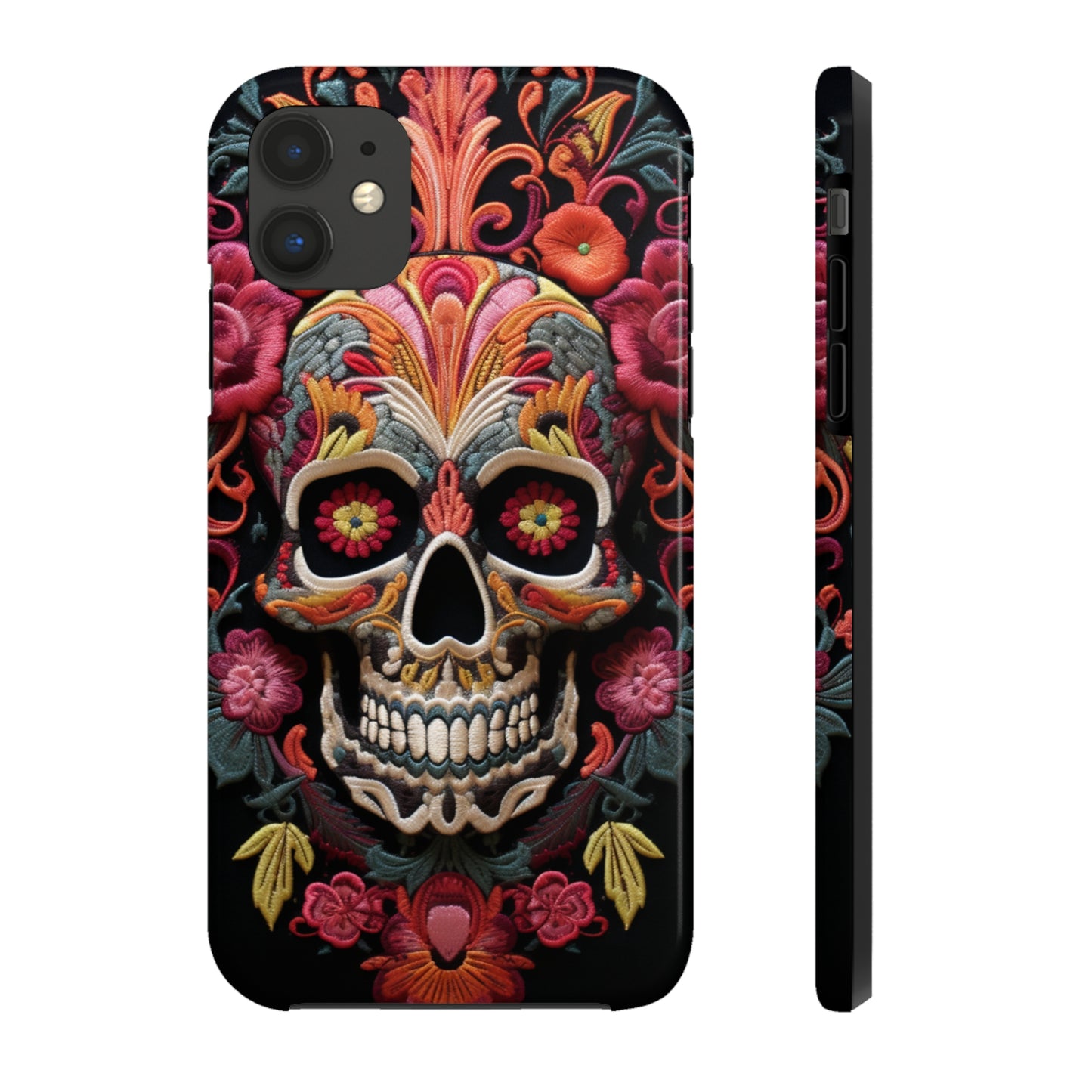 Embroidery Style Sugar Skulls Goth Dark Academia Tough Case iPhone, Edgy Cover, iPhone 14 Plus 13 12 7 8 Se Trendy Halloween Retro Vibe