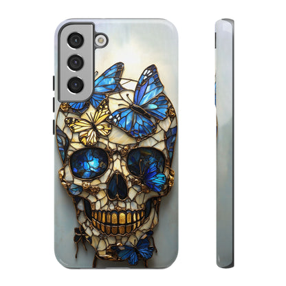 Gold and Blue Stained Glass Skull and Butterflies Phone Cover