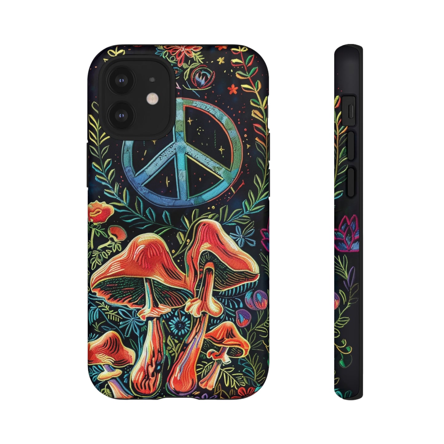 Embroidery Style Magic Mushrooms and Peace Sign Phone Case