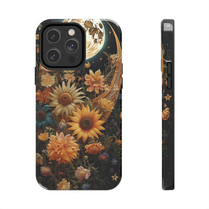 Celestial Charm: iPhone Case with Boho Cottagecore Fusion of Floral, Sun, Moon & Stars