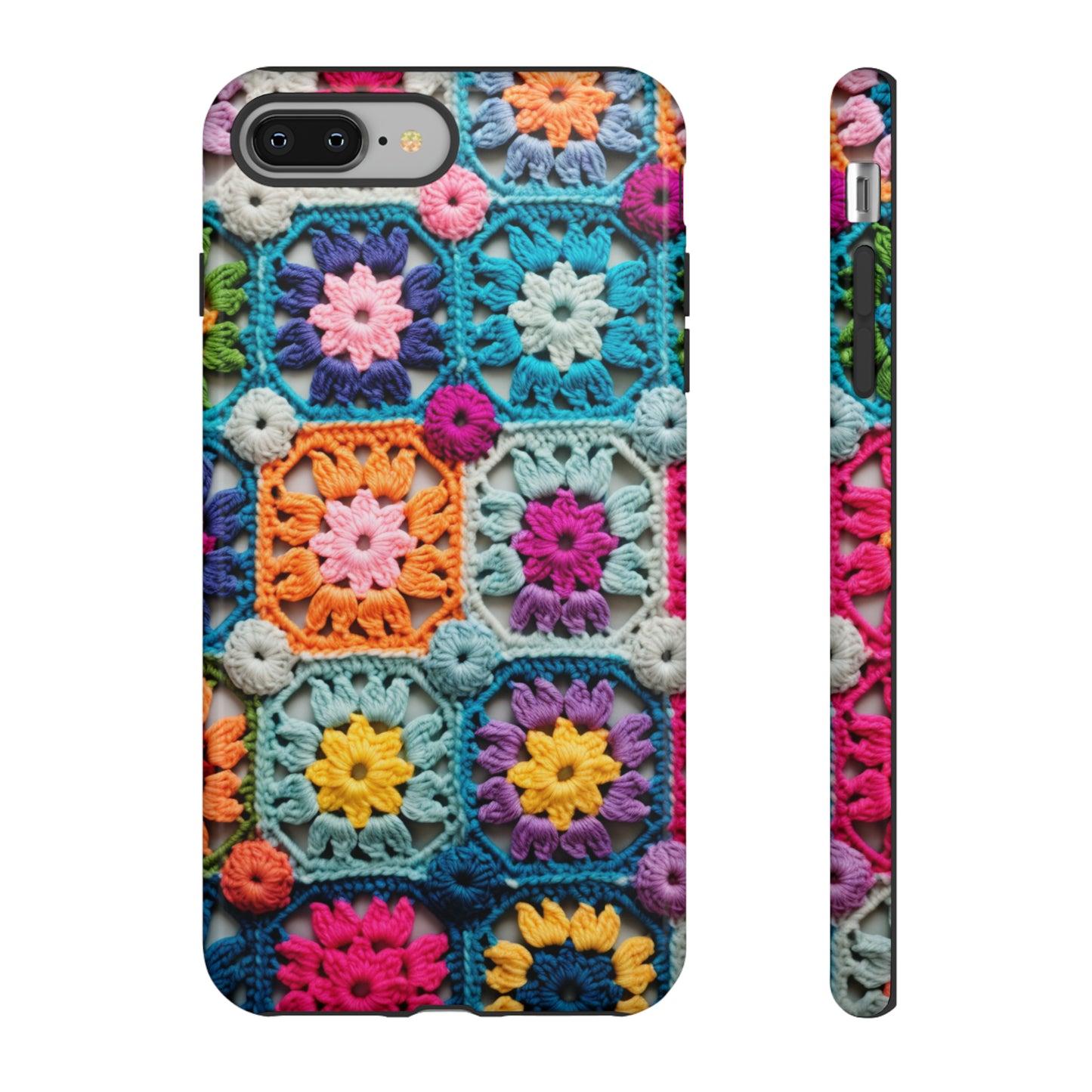 Pixel phone case with cozy retro crochet design