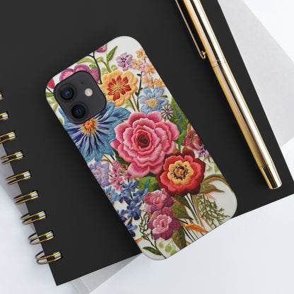 Embroidery Style Floral Aesthetic Flowers in Retro Vintage Tough Case iPhone Case