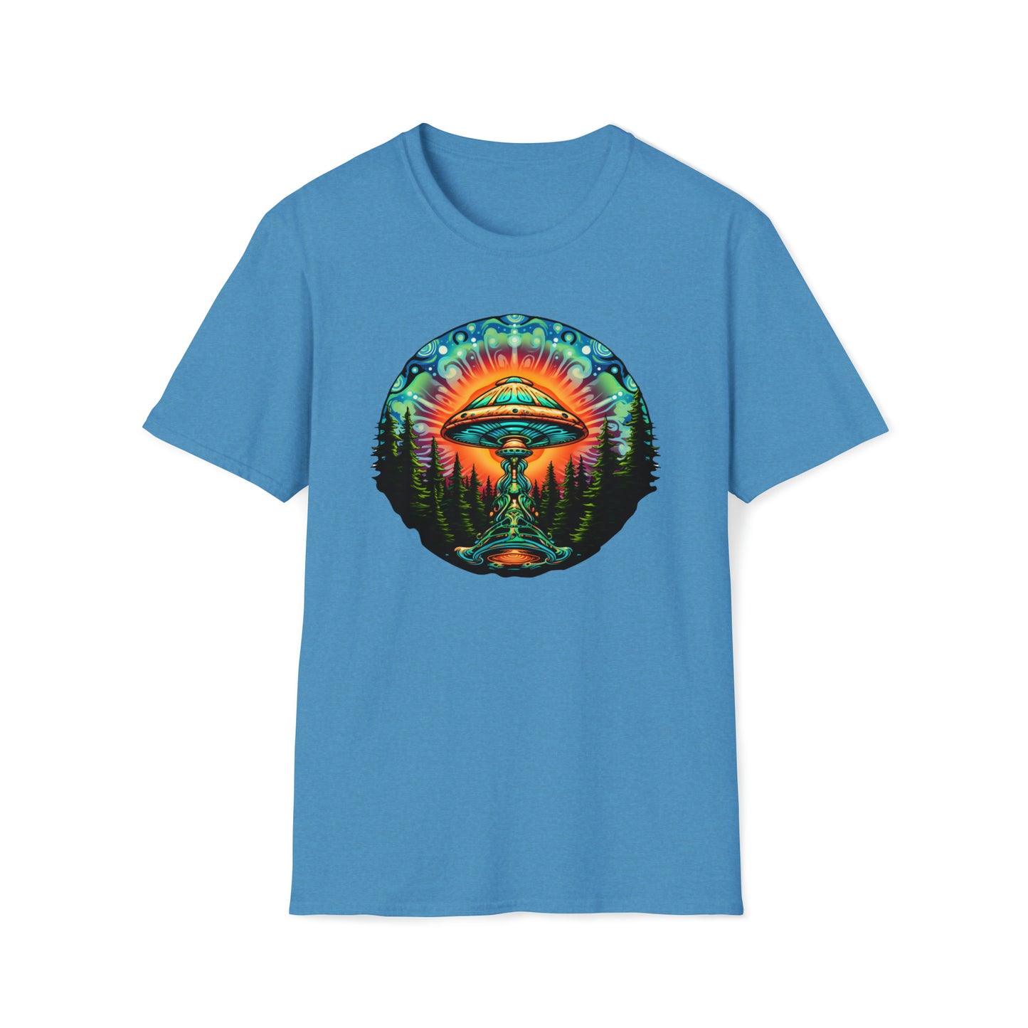 Trippy UFO Galactic Tee - Unisex Cosmic Alien Encounter T-Shirt, Vibrant Space Design