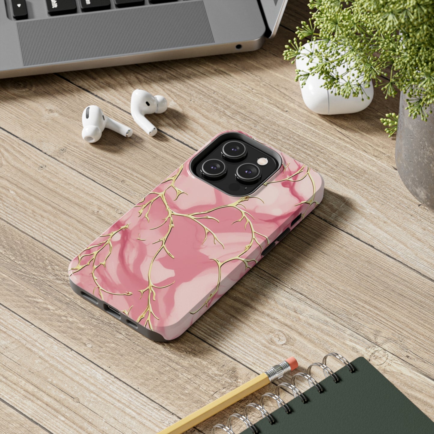 iPhone Elegance Unveiled: Pink & Gold Leaf Marble | Premium Tough iPhone Case