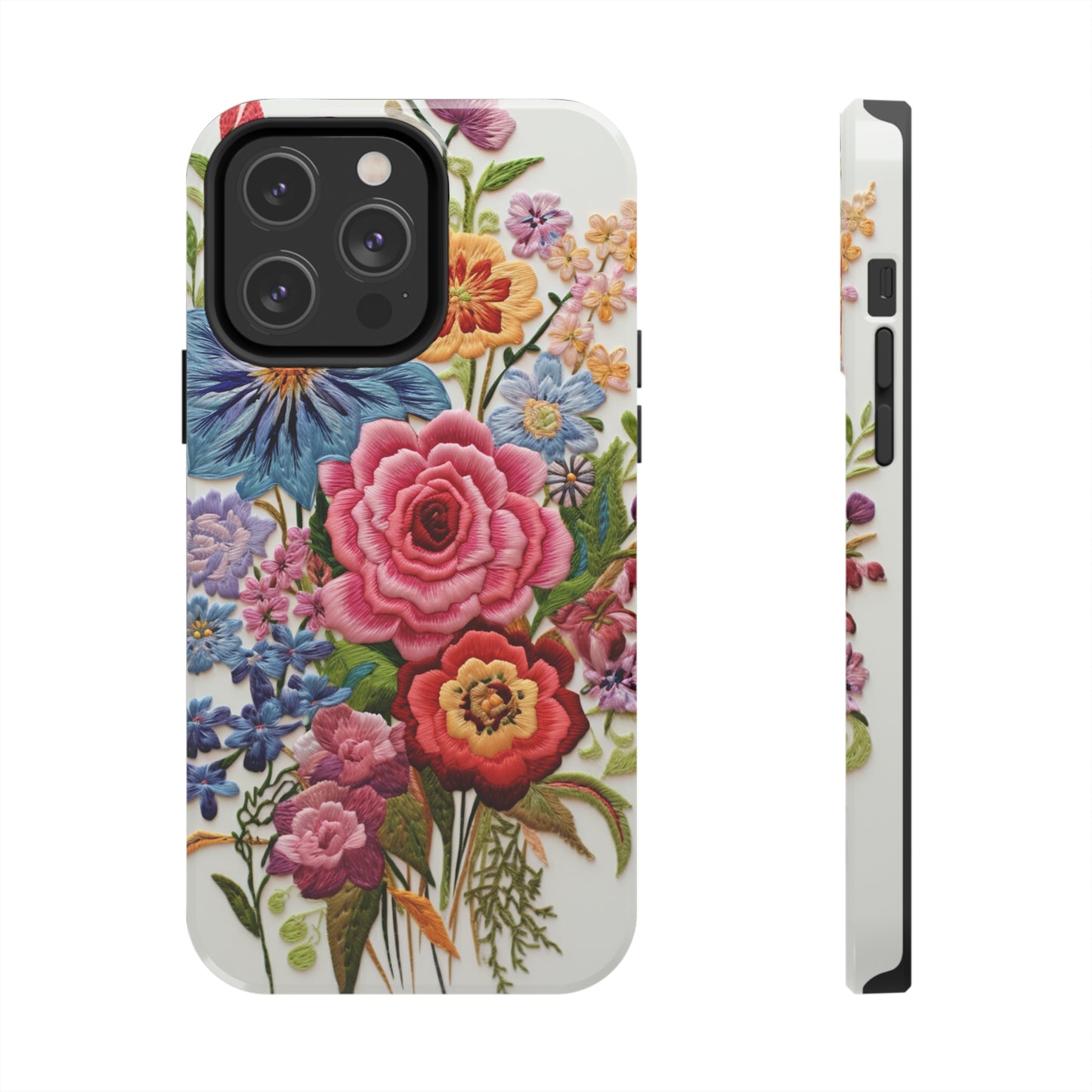 Embroidery Style Floral Aesthetic Flowers in Retro Vintage Tough Case iPhone Case