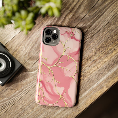 iPhone Elegance Unveiled: Pink & Gold Leaf Marble | Premium Tough iPhone Case