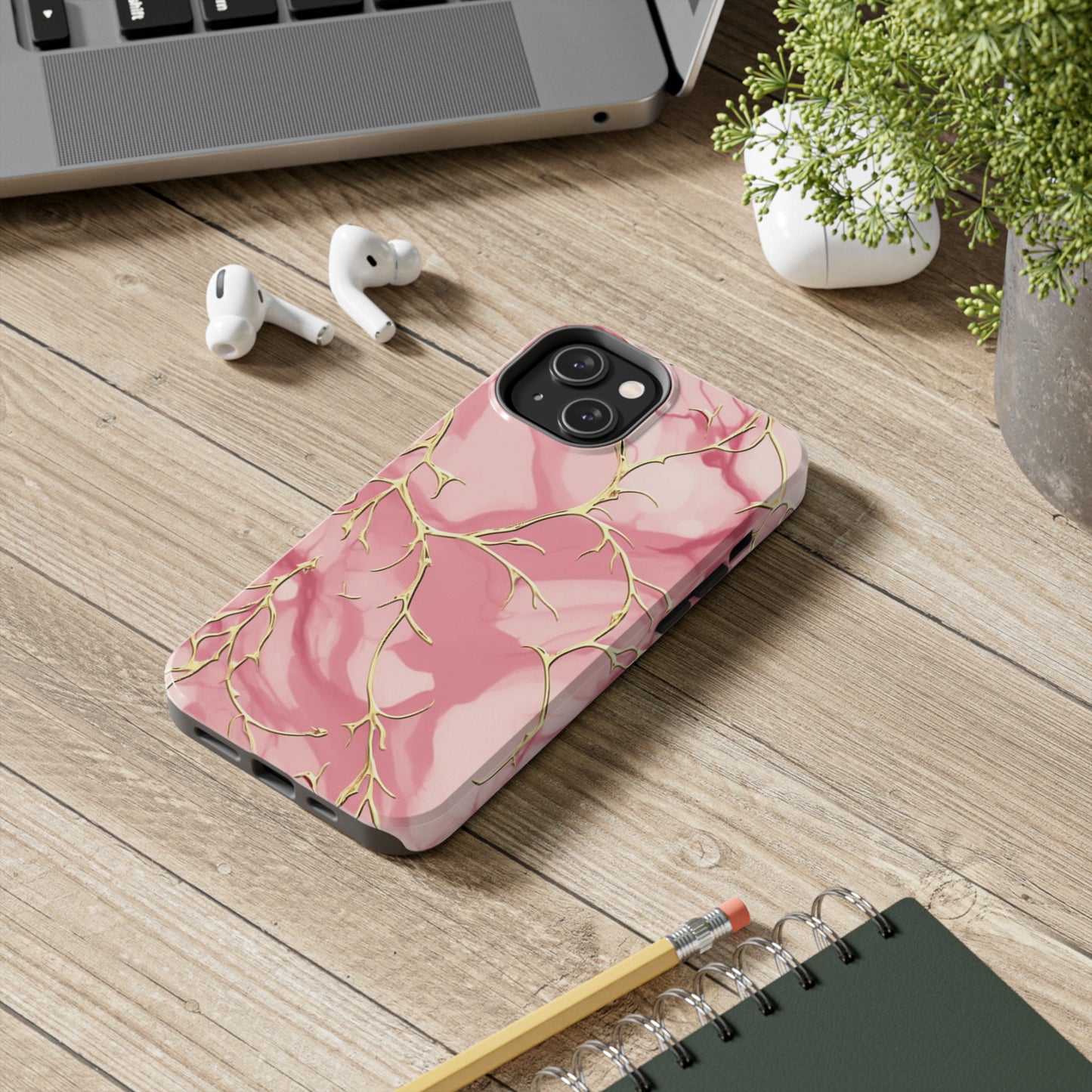 iPhone Elegance Unveiled: Pink & Gold Leaf Marble | Premium Tough iPhone Case