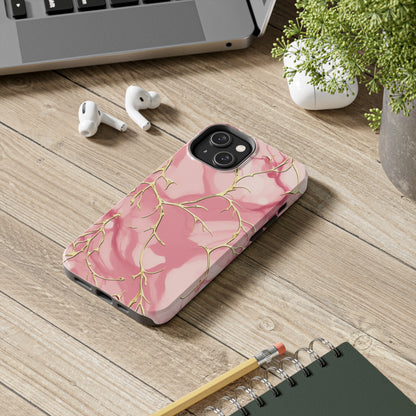 iPhone Elegance Unveiled: Pink & Gold Leaf Marble | Premium Tough iPhone Case