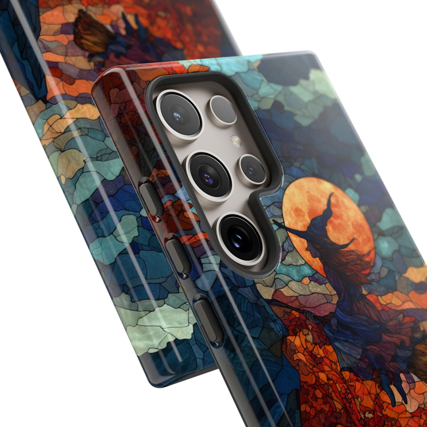 Phone case with artistic design of a witch and moon on a colorful background