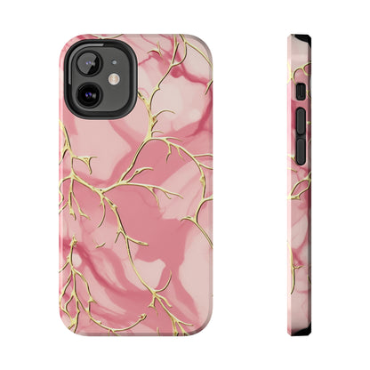 iPhone Elegance Unveiled: Pink & Gold Leaf Marble | Premium Tough iPhone Case