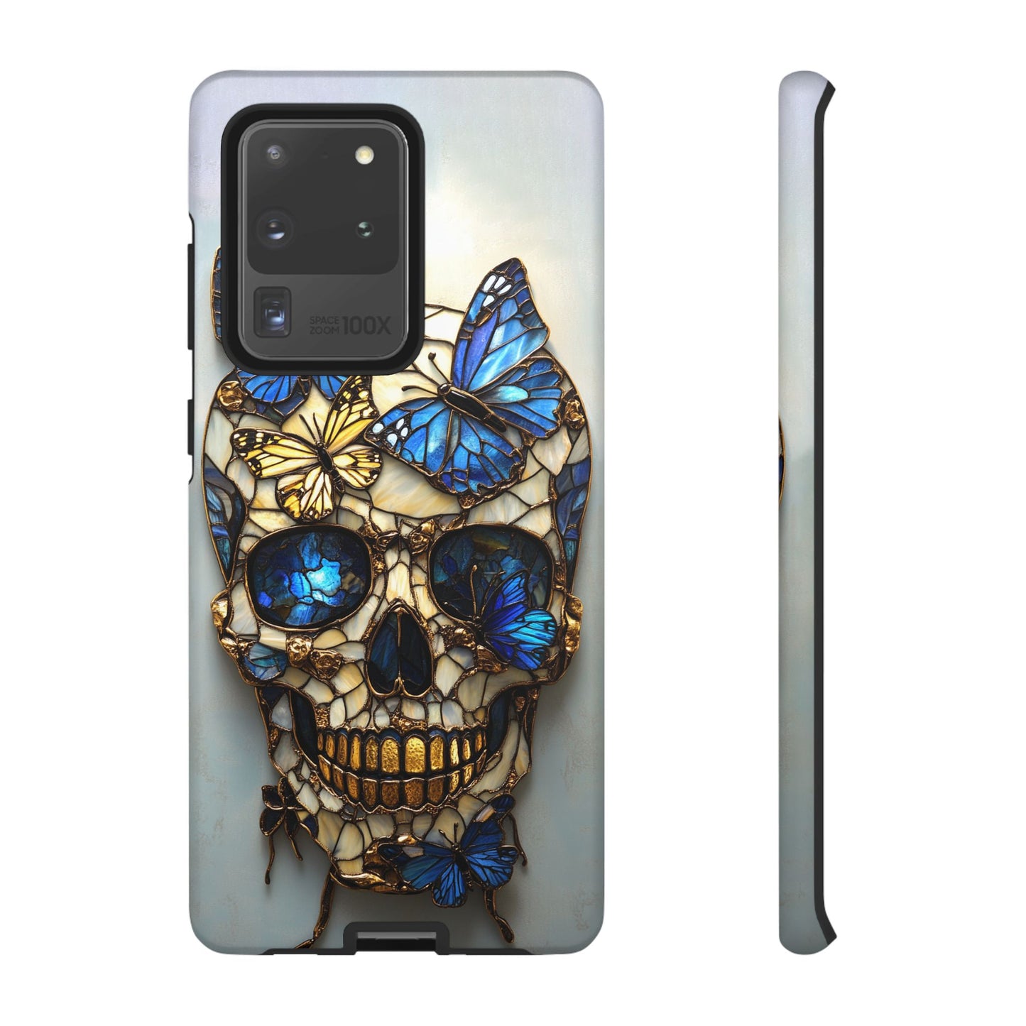 Gold and Blue Stained Glass Skull and Butterflies Phone Cover