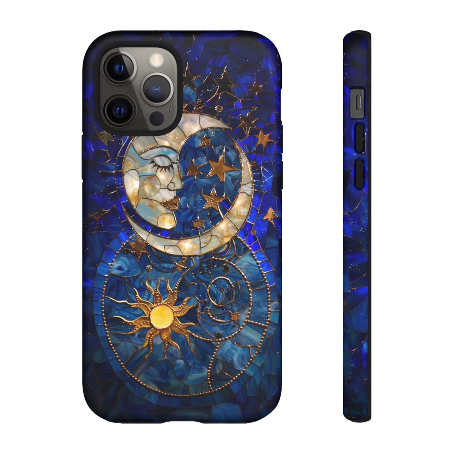 Celestial Stained Glass Moon and Stars Phone Case, Night Sky iPhone 15 Case