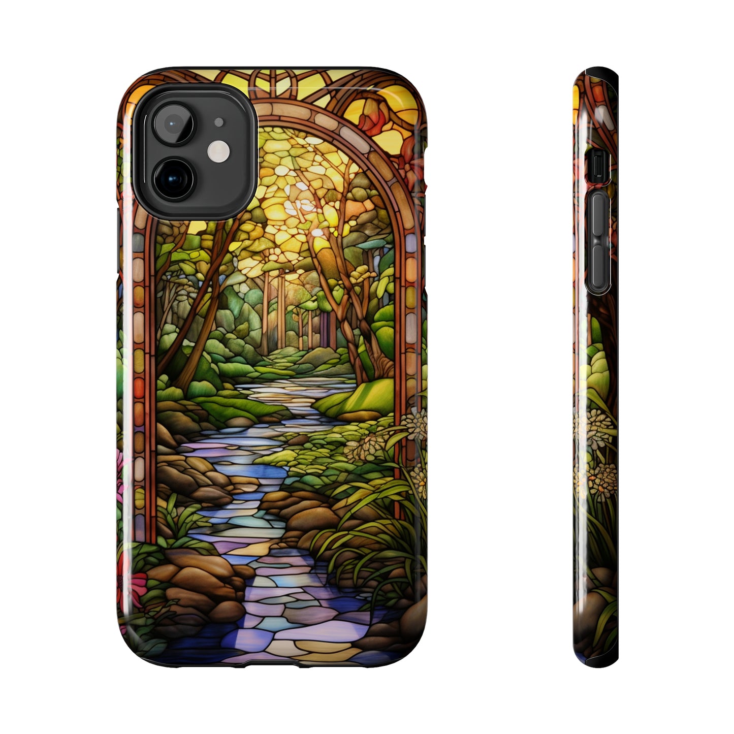 Stained Glass Stone Bridge and River Phone Case: Floral Art Nouveau Design | Bohemian Elegance for iPhone 14 Pro Max, iPhone 14 Plus