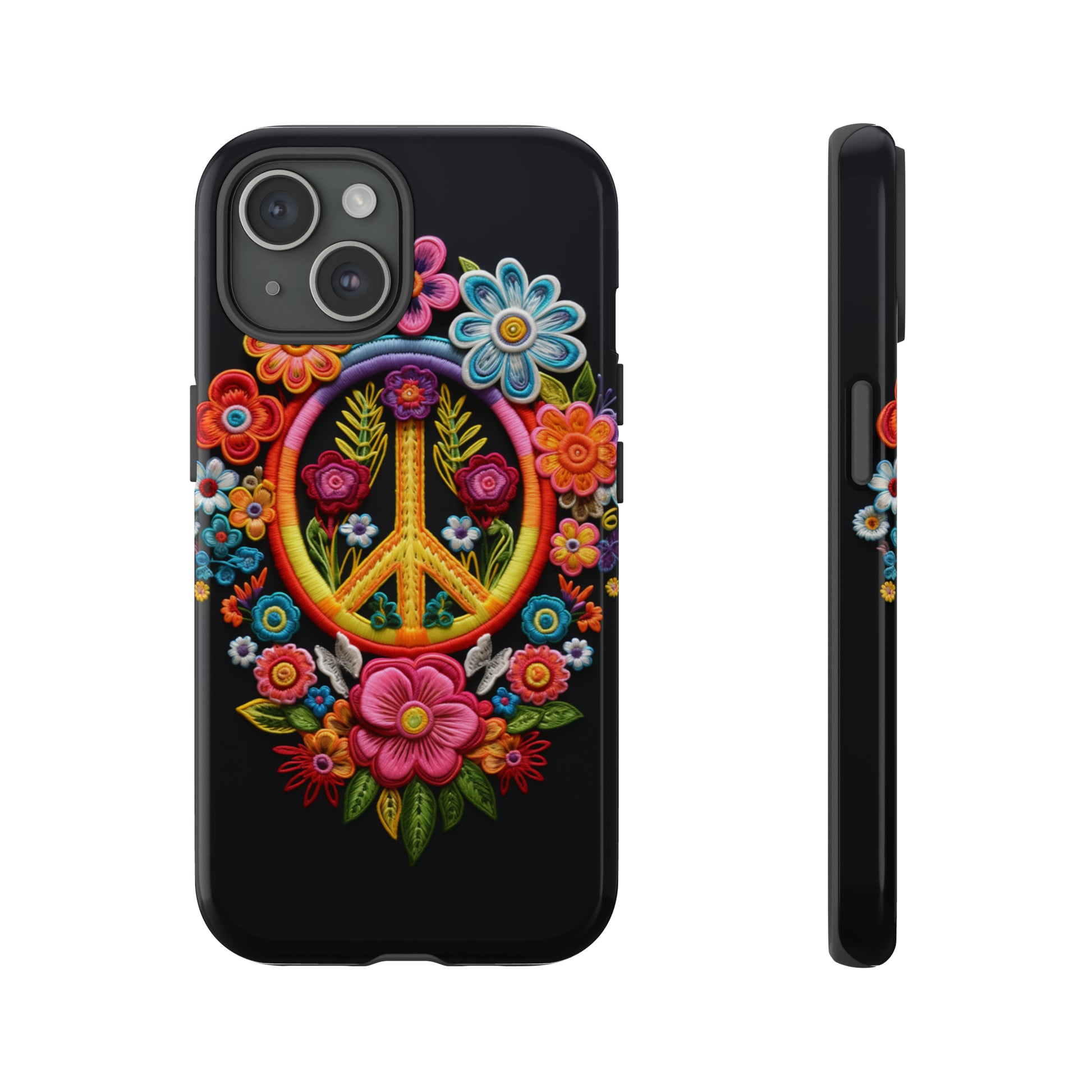 Peace sign embroidery floral case for iPhone 15