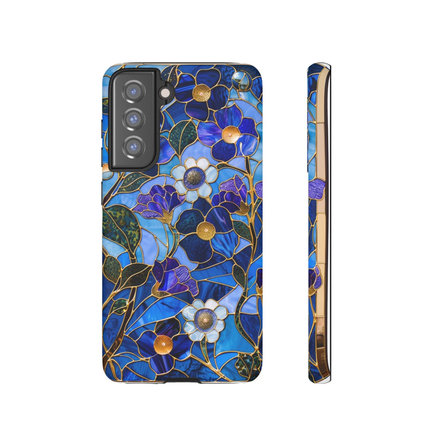 Blue Floral Stained Glass Gold Inlay Wild Flowers Phone Case