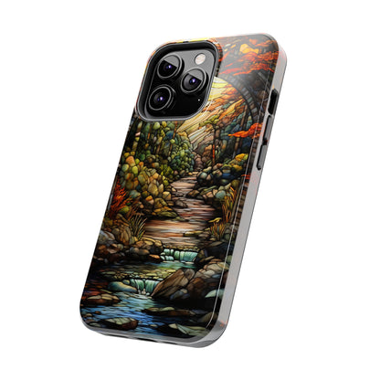 Stained Glass Stone Bridge and River design on iPhone XS Max Case, compatible with iPhone 11 Pro Case, iPhone XR Case, iPhone 11 Pro Max, iPhone 12 Pro Case, iPhone 13 Case, iPhone 13 Pro Case, iPhone 14 Pro Max, and more. Also available for Google Pixel Case and Samsung Galaxy models