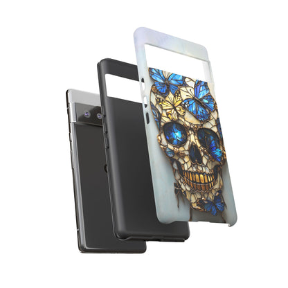 Gold and Blue Stained Glass Skull and Butterflies Phone Cover