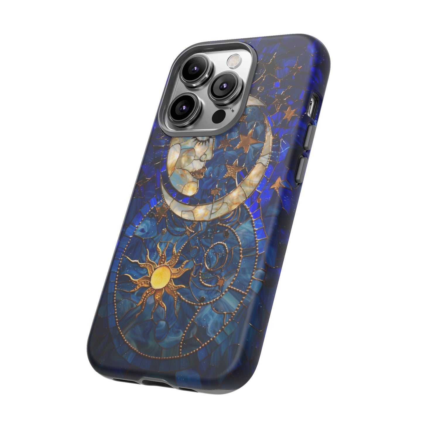 Celestial Stained Glass Moon and Stars Phone Case, Night Sky iPhone 15 Case